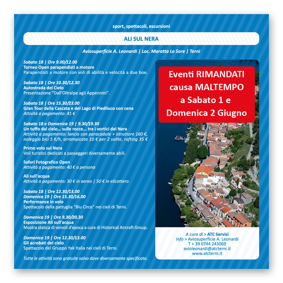 Eventi RIMANDATI causa MALTEMPO a sabato 1 e domenica 2 giugno 2013